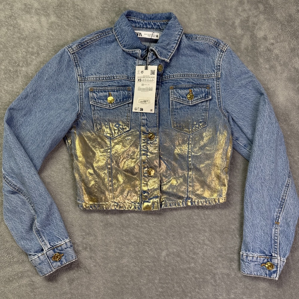 Zara New Cropped Gold Metallic Denim Jacket Size XS‎ Ref 6164 190